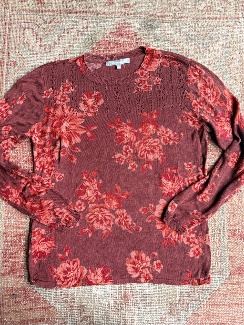 Daniel Rainn Floral Crewneck Sweater in Maroon and Coral
